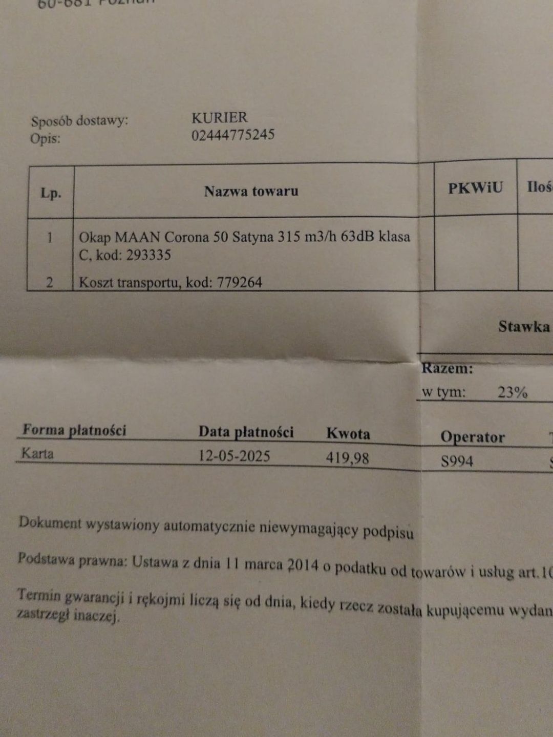 Okap MAAN Corona 50 Satyna 315 m3/h 63dB klasa C nowy okap czarny
Okap