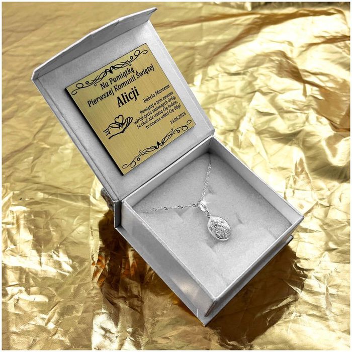 Srebrny Łańcuszek + Medalik 925 Prezent Dla Dziewczynki Na Komunię + G