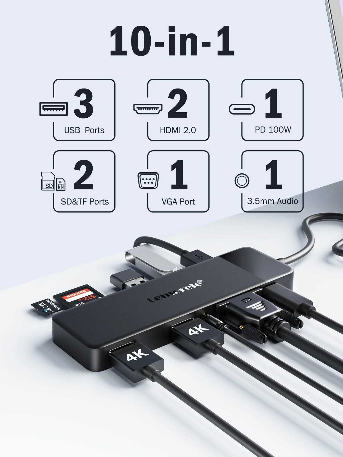 Lemorele  TC94L usb c Hub 10 в 1  2*hdmi 4K 30Hz VGA концентратор хаб