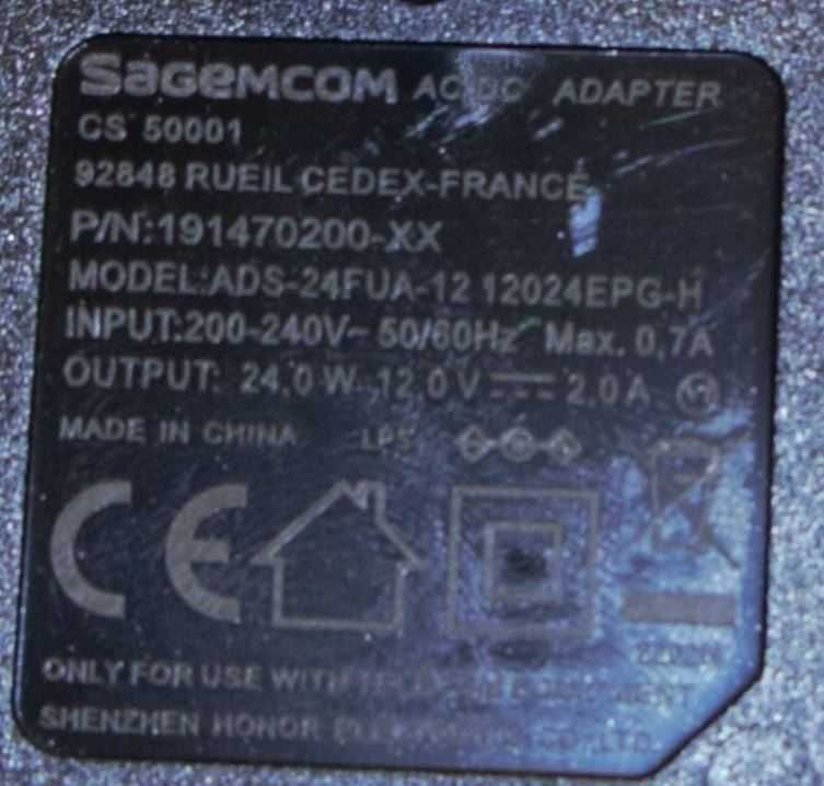 Zasilacz wtyczkowy AC/DC SAGEMCOM 12V 2A 24W 5,5x2,5 mm ADS-24FUA-12