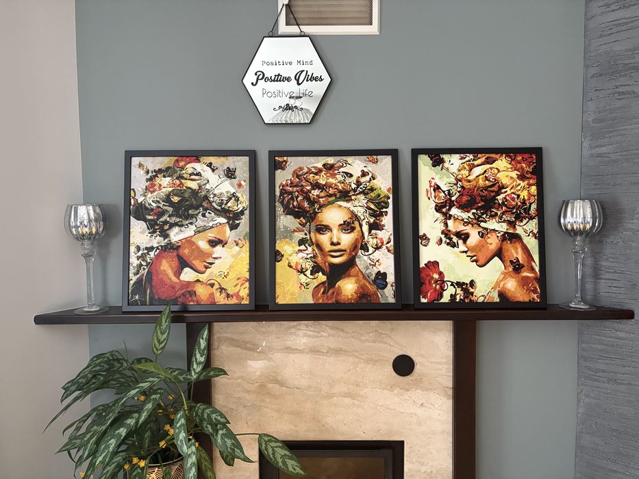 3 obrazy recznie malowane farbami na plotnie w ramkach