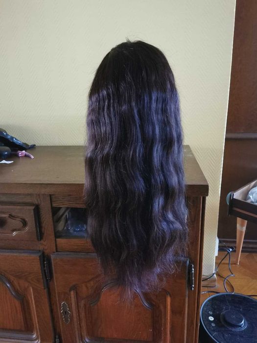 Peruka naturalna czerń 60 cm lace front przedziałek fale bardzo gęsta