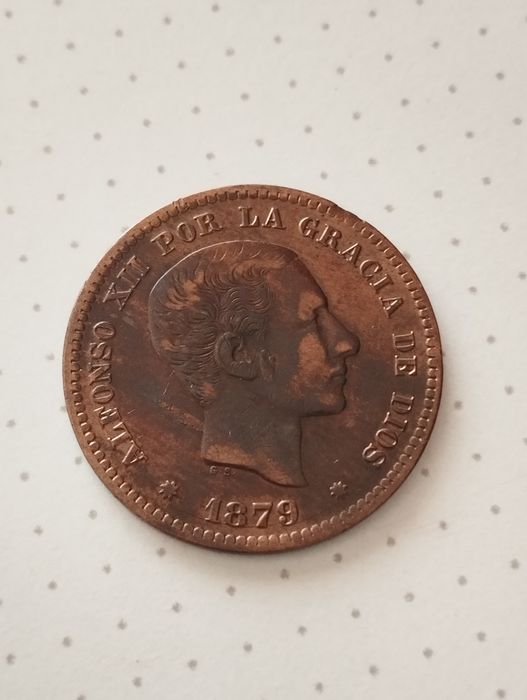 Moedas de 5 Cêntimos 1879 de Espanha em Bronze, pouco circulada.