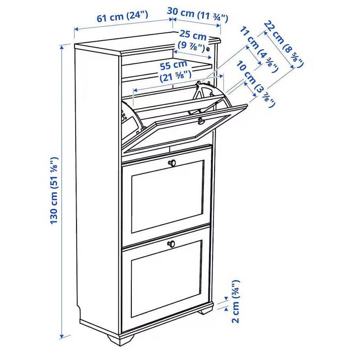 BRUSALI Szafka na buty, 3 przegrody, biały, 61x30x130 NOwa IKea