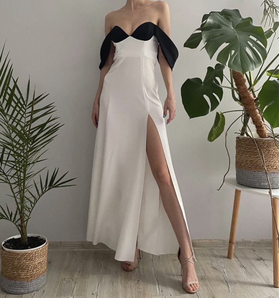 Elegancka sukienka wieczorowa maxi hiszpanka biało czarna