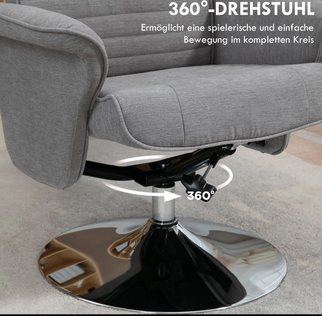 HOMCOM Fotel Relax z Podnóżkiem, Obrotowy, do 150 kg,szary