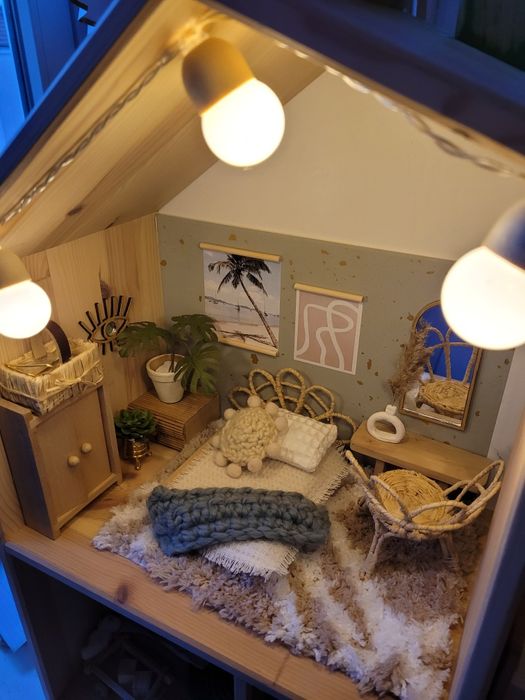 Piękny domek dla myszek  boho   wnętrze mebelko drewniany dla lalek