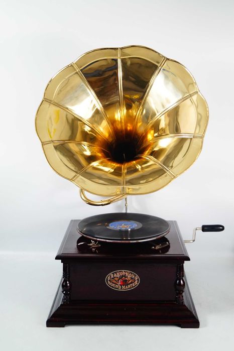 PATEFON GRAMOFON drewniany złota tuba dekoracja 4