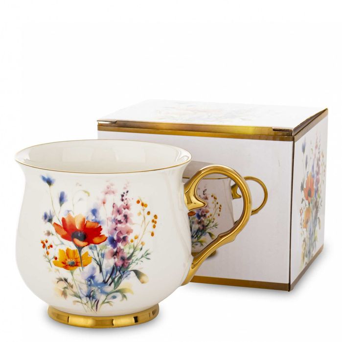 Kubek Porcelanowy Filiżanka do Kawy Herbaty 450 ml Biały Kwiaty Złoty