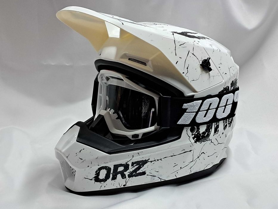 Мото шлем Full face Эндуро пит байк Winter white gloss c очками