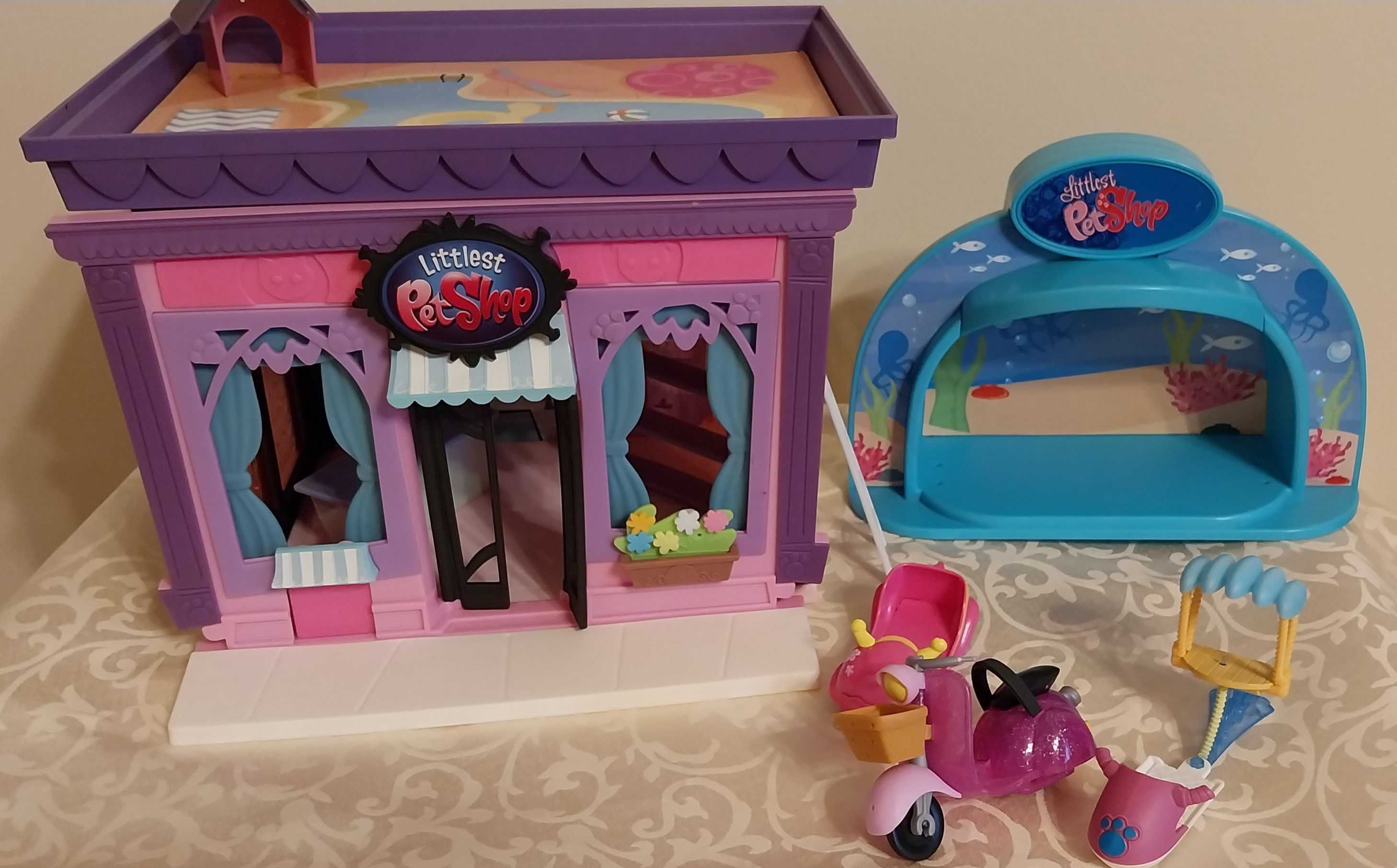 Littlest Pet Shop LPS – zestaw – sklepik, świecąca scena, pojazdy