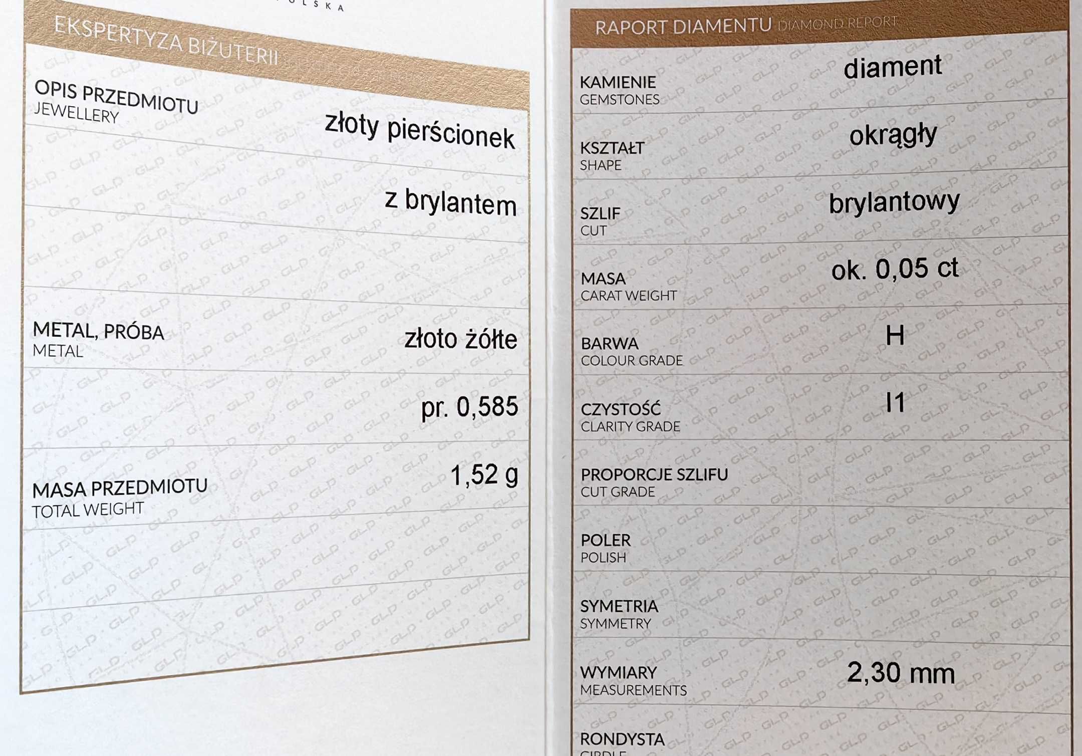Złoty Pierścionek z Brylantem 585 14K Gold Brylant Diament Certyfikat