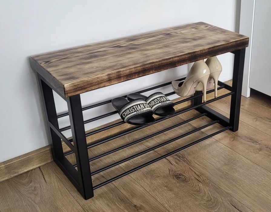 Półka na buty z drewna dębowego oraz stabilnej konstrukcji stalowej