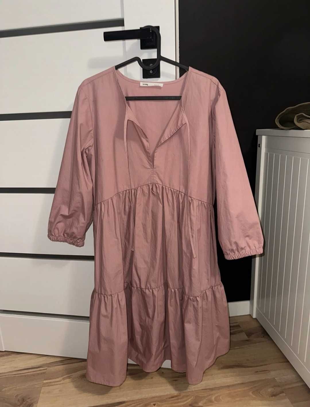 Bawełniana sukienka koszula tunika baby Doll pudrowy róż M