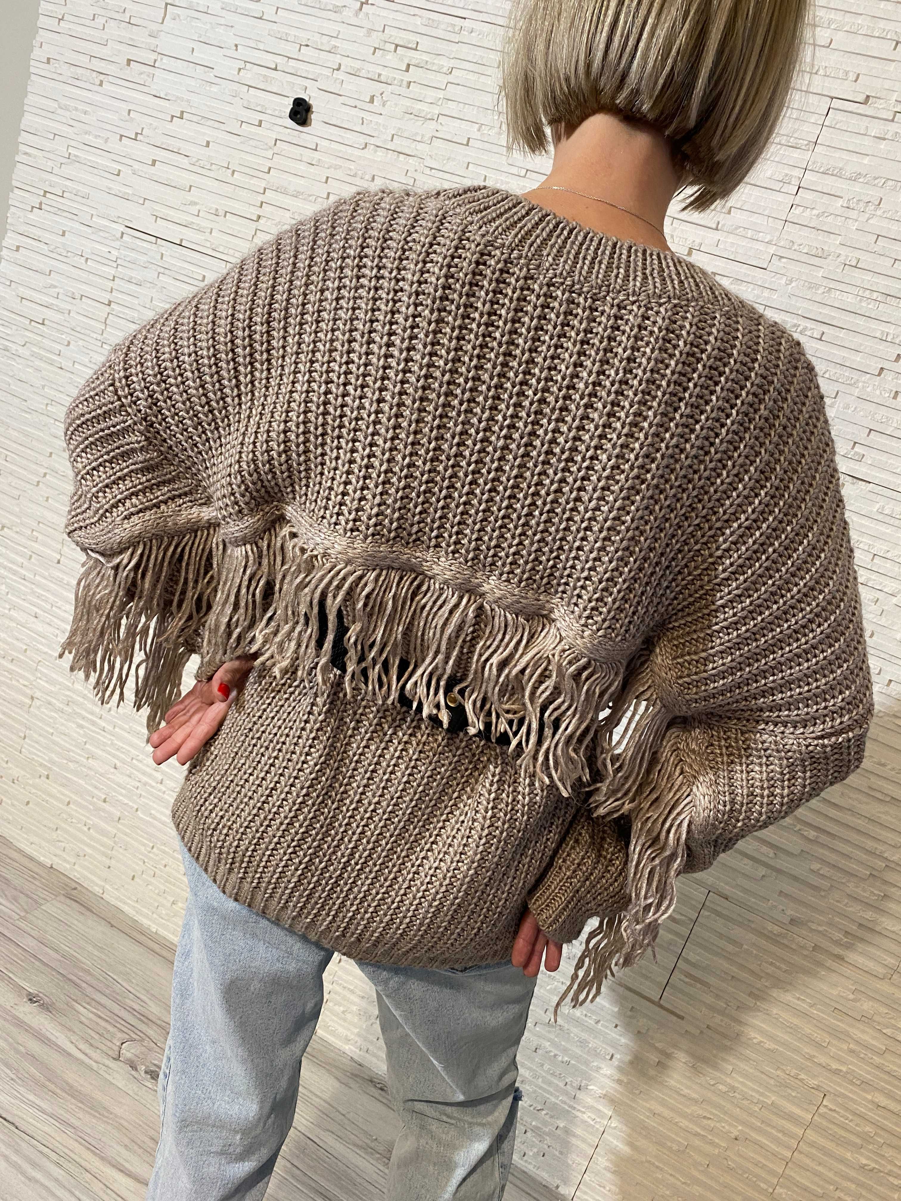 LOCI nowy sweter Frędzle -  wełna - splot - oversize beżowy Uni