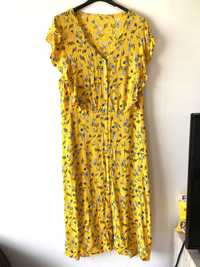 Długa sukienka kwiaty Zolta guziki wiązana wiskoza