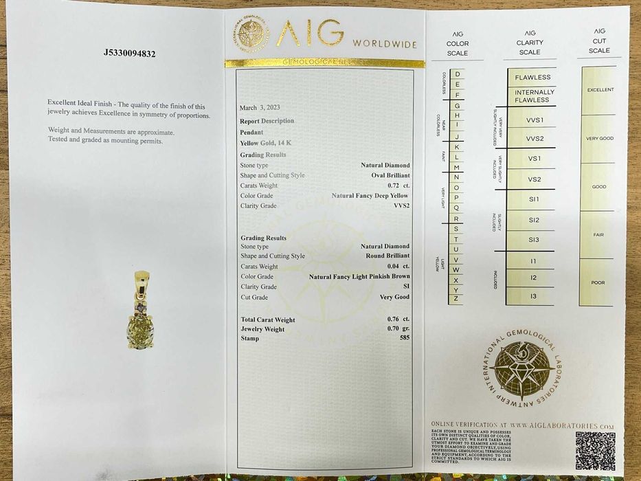 Pendente com Diamante 0.76 ct para colar - Ouro Amarelo 14k