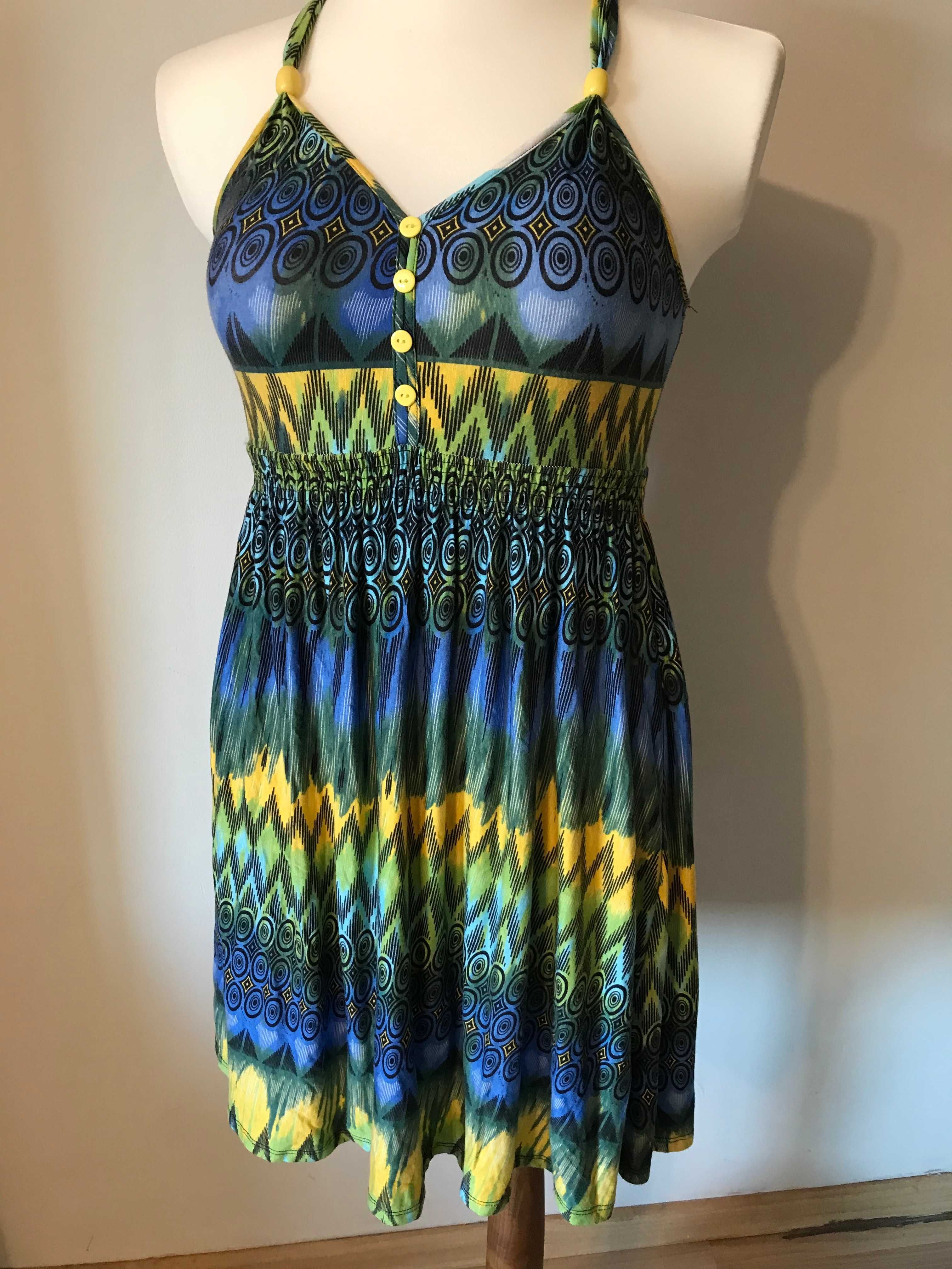 Tunika boho r. 38/40 niebiesko żółto zielona sukienka vintage hippie