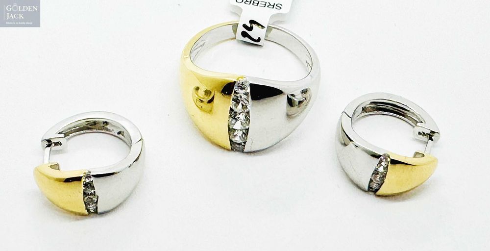 Srebrny komplet Pierścionek + kolczyki pozłacane pr. 925 12,27g roz.23