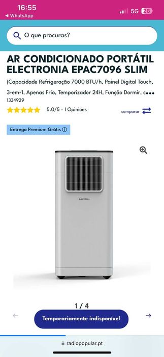 AR Condicionado Portátil Electronia. 15 Dias de uso. Estado de novo