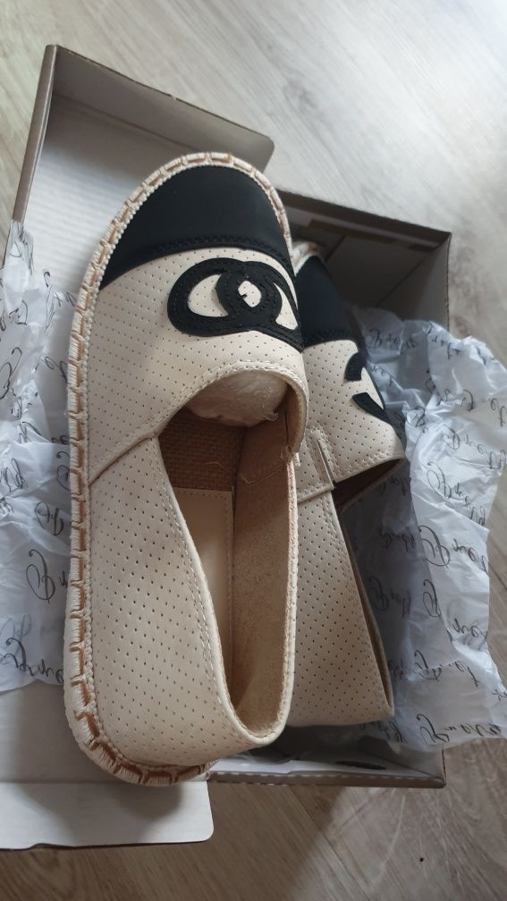 Buty damskie espadryle baleriny eko skóra nowe beżowo czarne roz 40/25