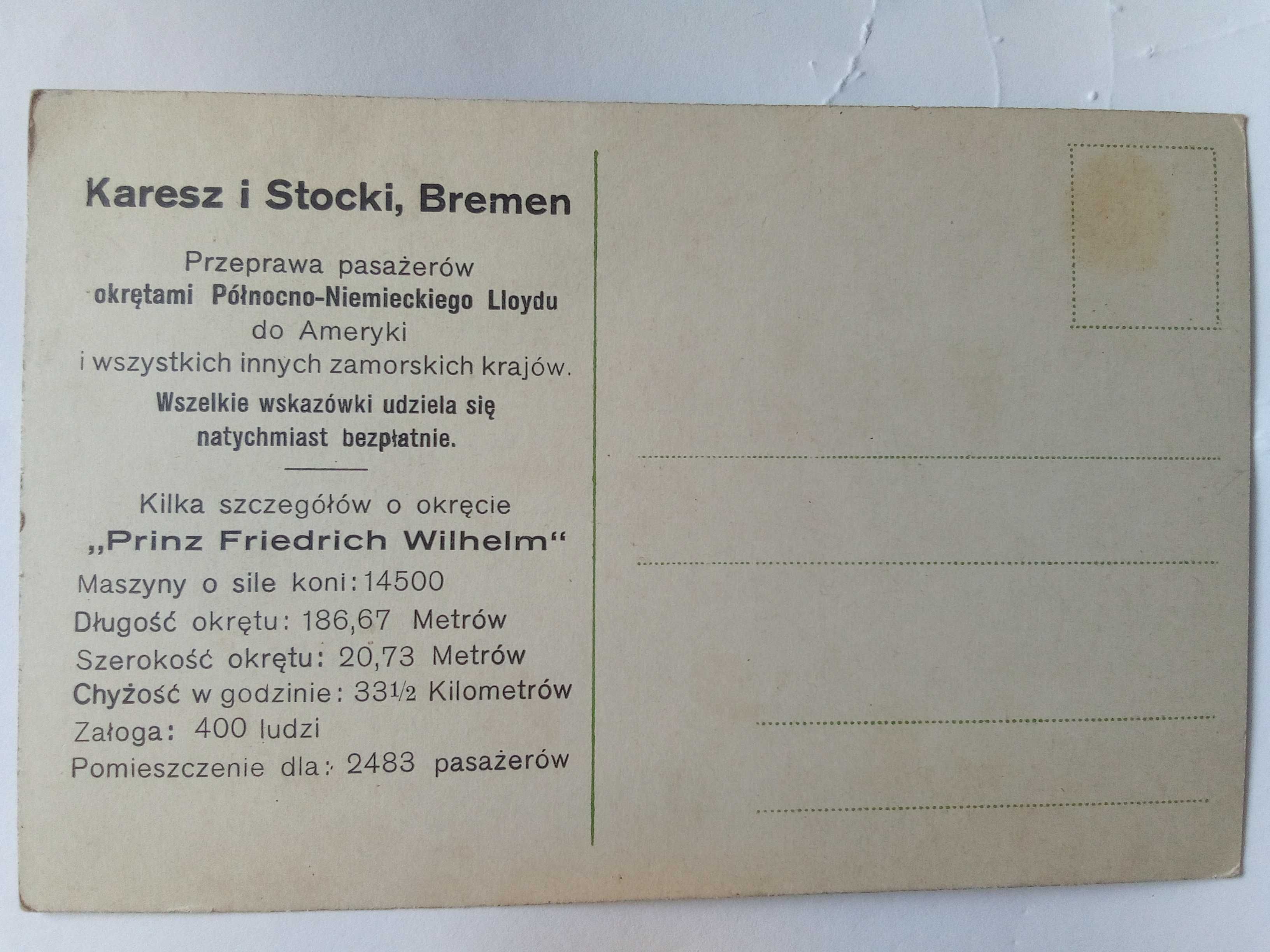 Unikatowa pocztówka Trans Atlantic ,,Karesz i Stocki Bremen '' 100 lat