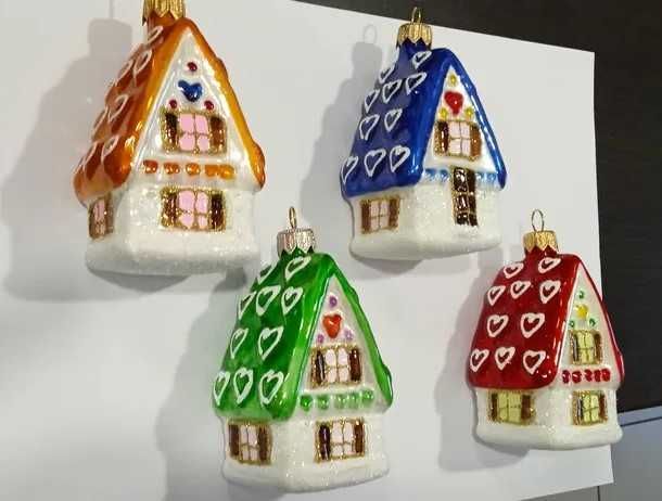 Bombki szklane choinkowe DOMKI PIERNIKOWE - zestaw 4 sztuk