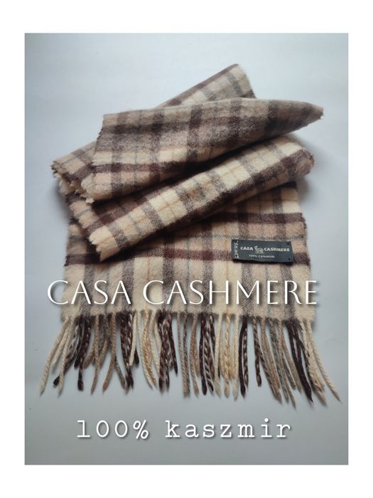 Casa cashmere szalik szal 100% kaszmir klasyczny krata  beżowy braz