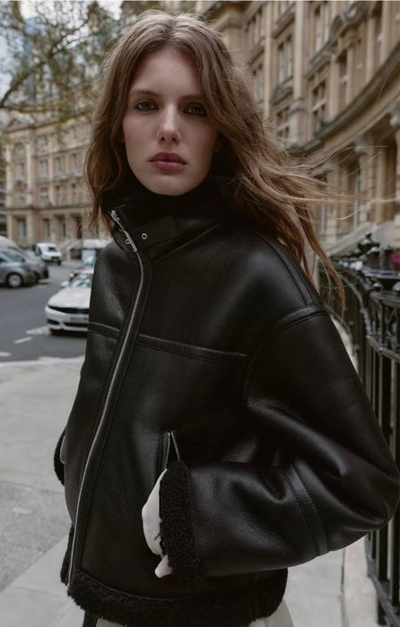 Кожаная куртка авиатор ZARA-Xs,S. Короткая зимняя дубленка,косуха