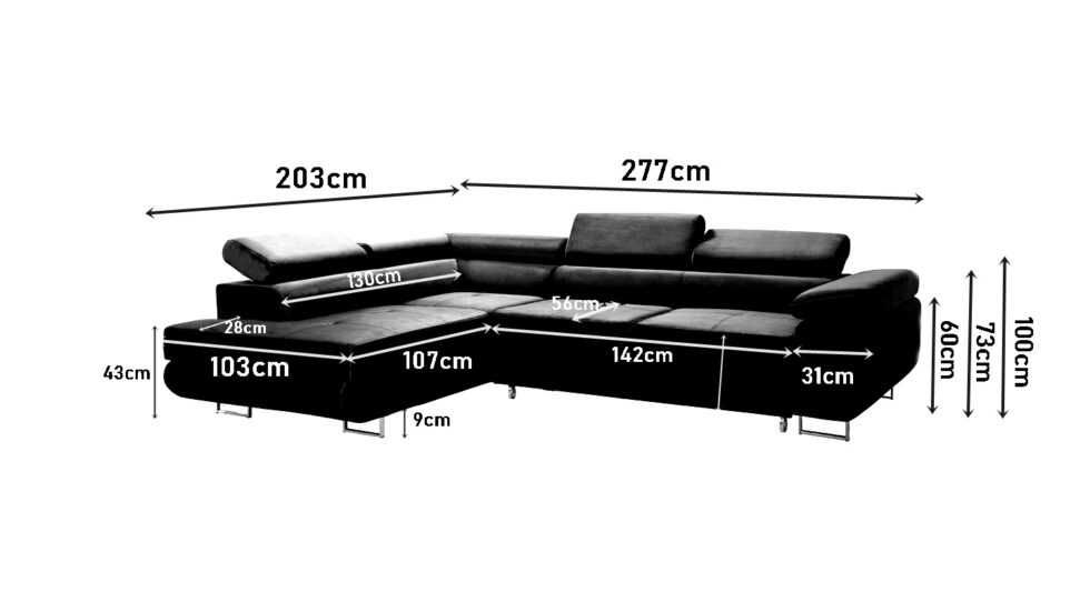 Kanapa Narożnik LIVIO 277 cm regulowane zagłówki funkcja spania