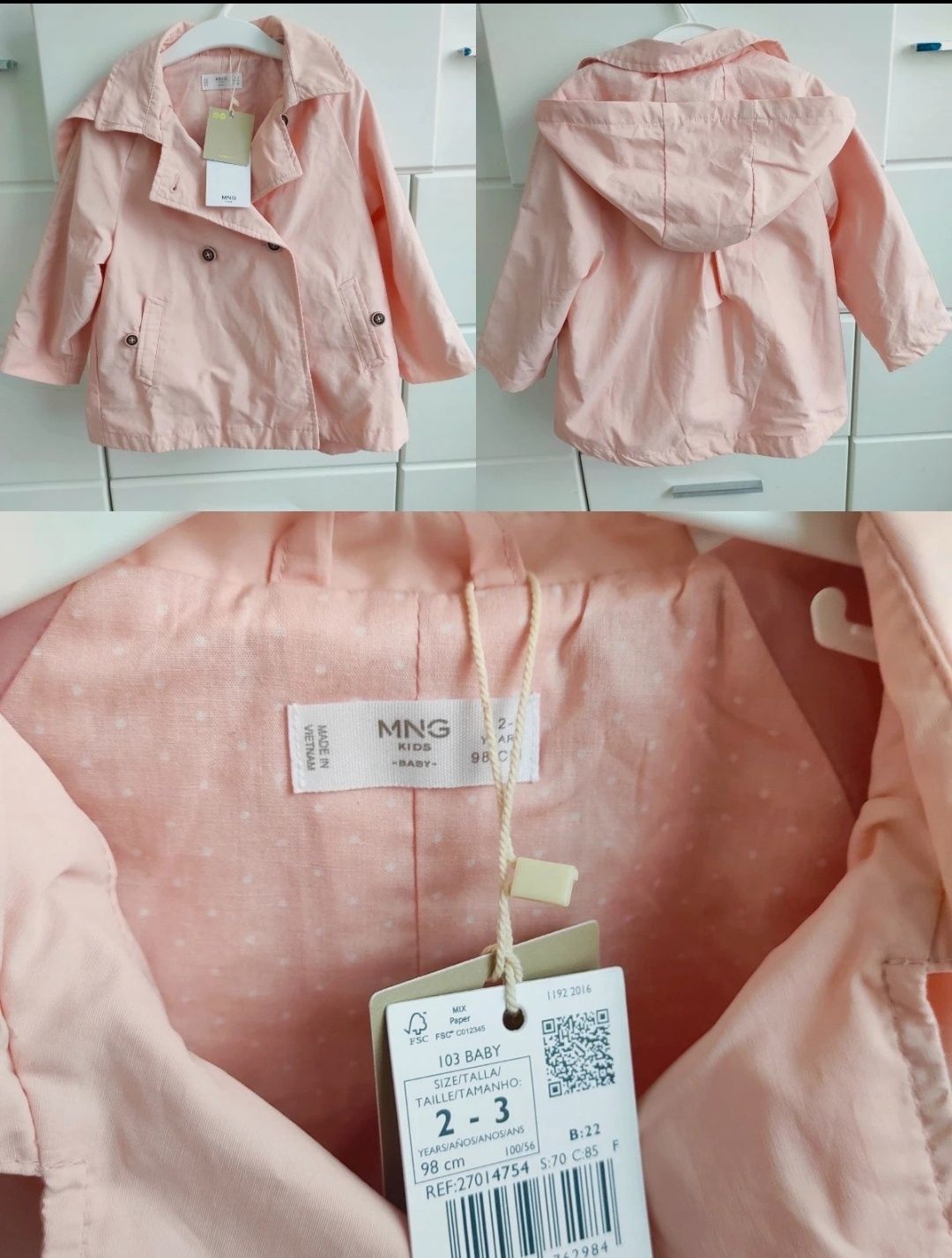 Nowy płaszcz trencz Mango Kids 98 h&m pudrowy róż zara