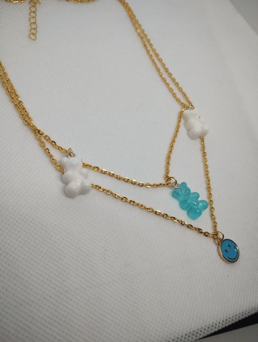 Łańcuszek z zawieszkami podwójny naszyjnik misie emotki błękit preppy