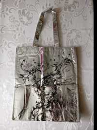 NOWA srebrna torba na zakupy czarny nadruk tattoo shopper bag