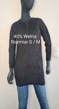 Długi sweter 40% Wełna. Grafitowy Czarny. Tunika. S / M