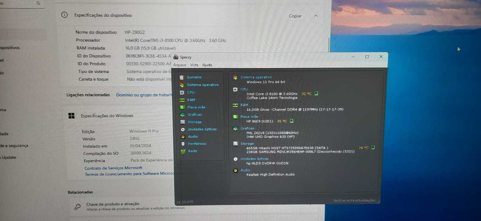 Pç Student HP-400G5 8ªG|i3.8100-3.6G|16G-Dr4|M.2-256+HDD500|TPM2.0|W11