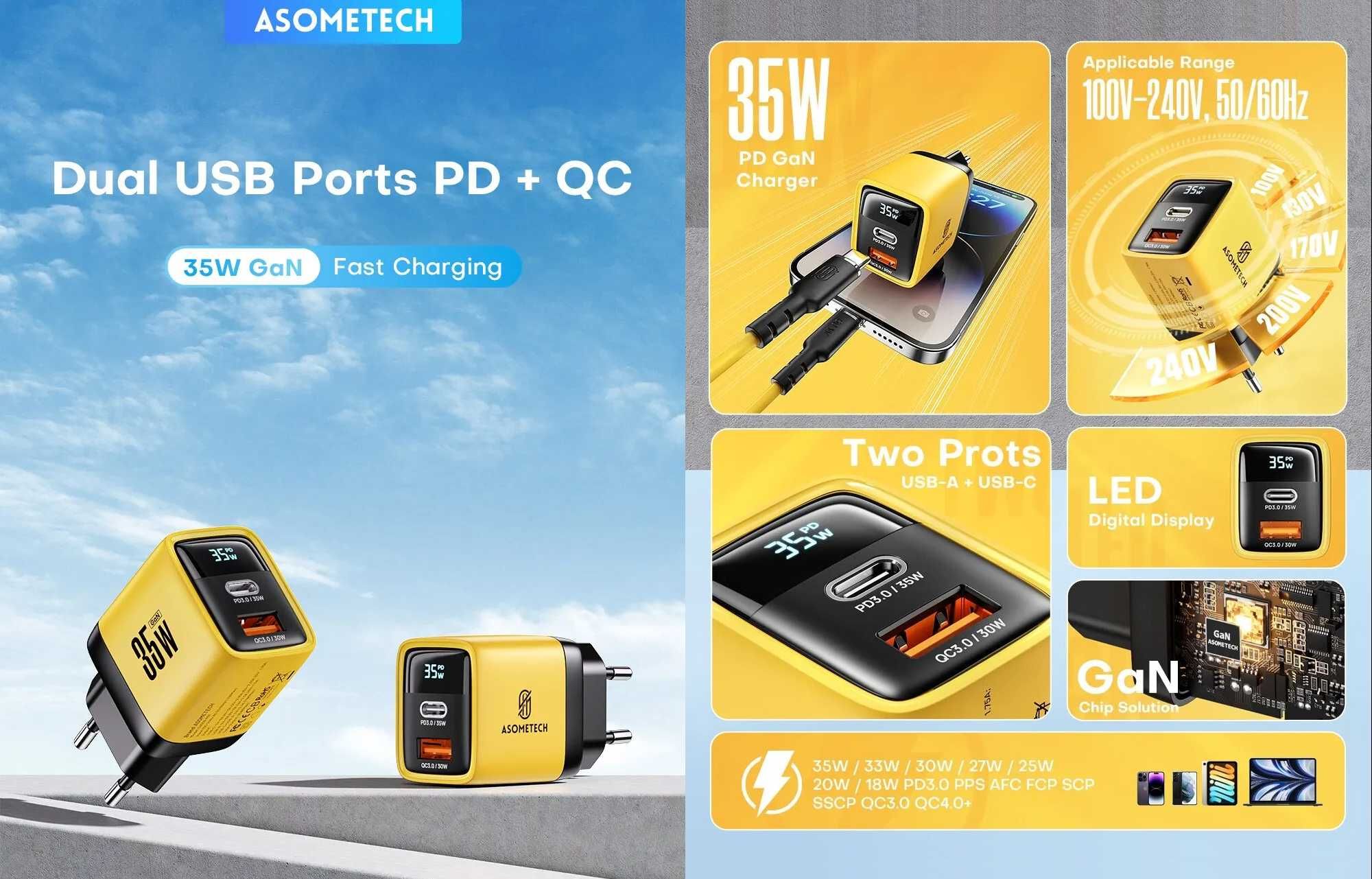 Зарядні пристрої ASOMETECH GaN Digital Display 35W / Dual Ports 40W