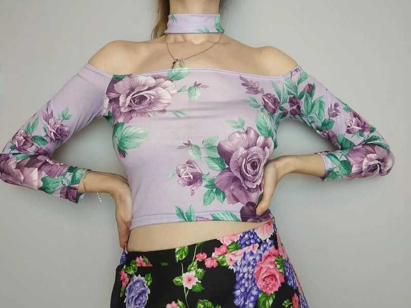 Nowy crop top hiszpanka bluzka liliowy w kwiaty XS 34 nly trend