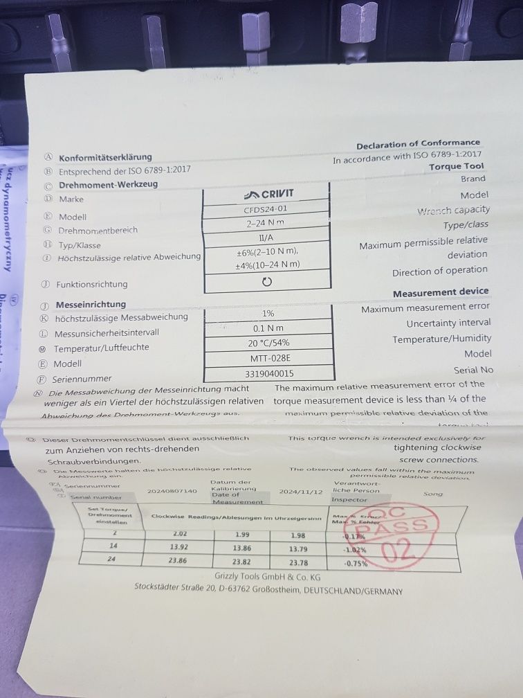 ZESTAW Klucz dynamometryczny 2-24Nm rowerowy Crivit