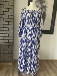 Długa biało niebieska sukienka Marks&Spencer r.48