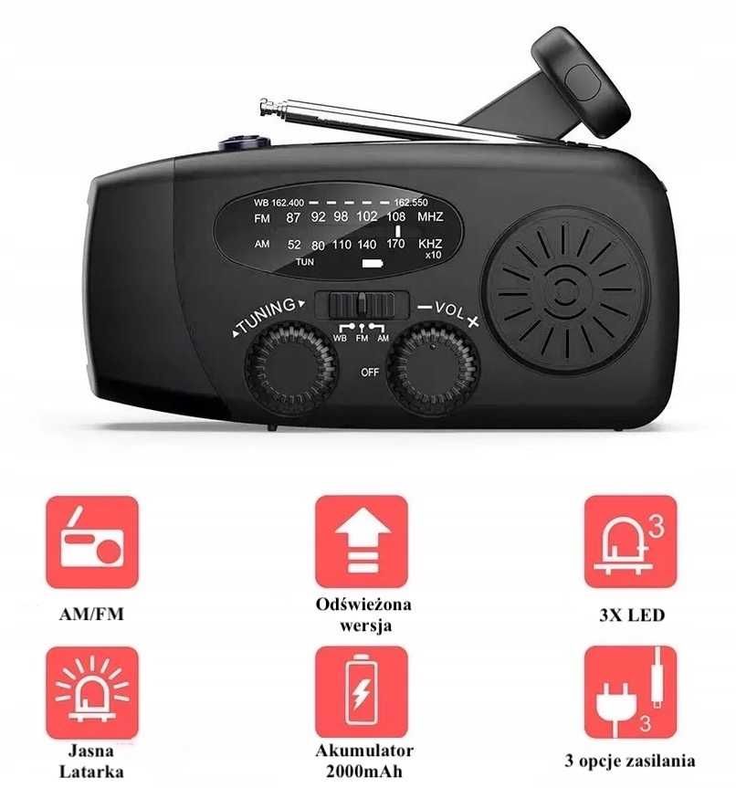 Radio Na Korbę Solar POWERBANK Latarka Awaryjne Brak Prądu Zasilanie