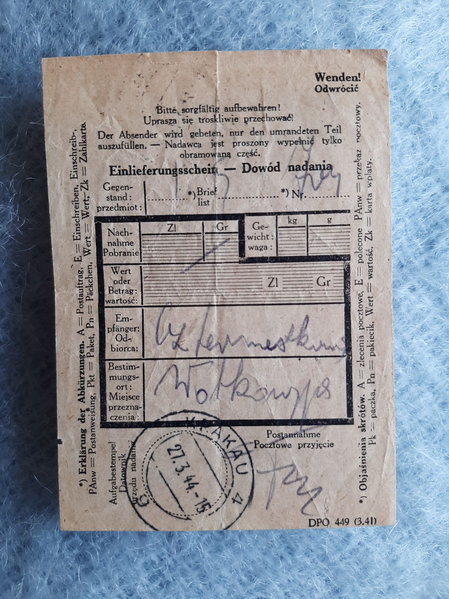Zabytek z 1944 r- dowód nadania  Deutche Post Osten