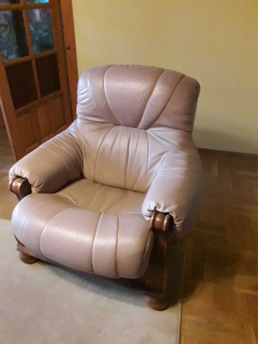 Komplet wypoczynkowy skórzany/ dębowy sofa z funkcją spania, fotel