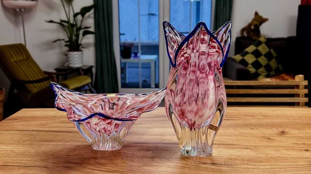 Efektowny zestaw czeskiego szkła wazon patera Egermann