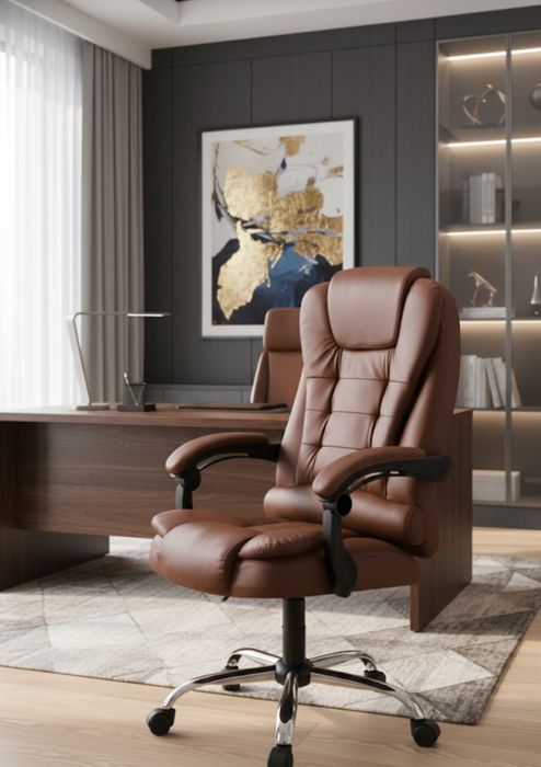 Fotel biurowy obrotowy z ekoskóry – brązowy, regulowany, wygodny