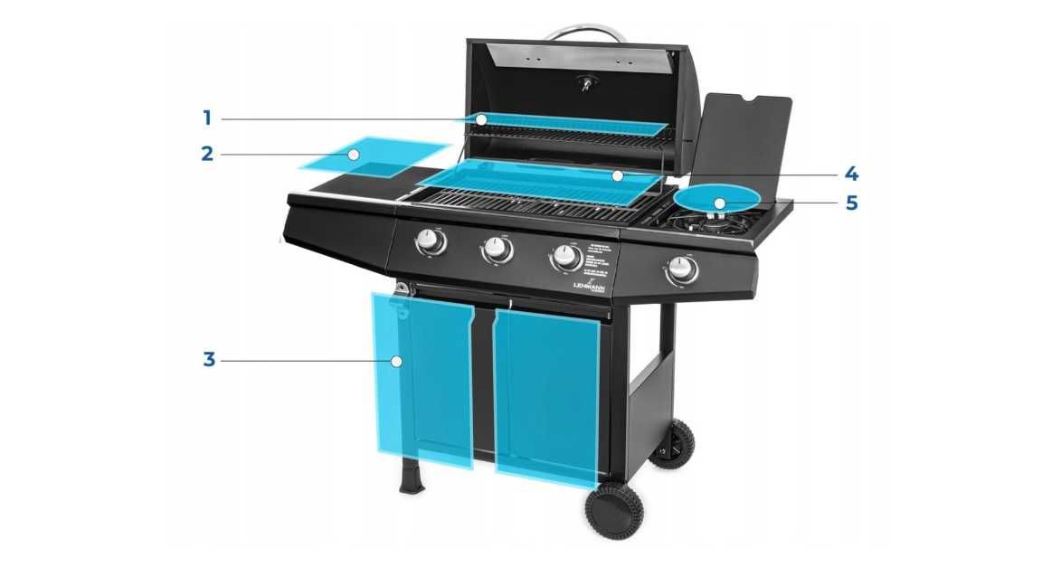 Grill gazowy ogrodowy żeliwny Lehmann Texas ruszt 3+1 czarny, srebrny