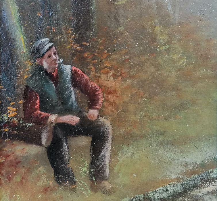 Odpoczynek w lesie, stary pejzaż olejny na płótnie