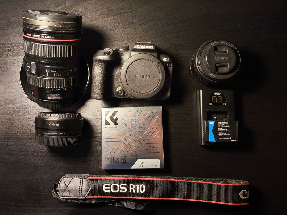 Canon R10 + 2 obiektyw(Rf50,Ef24-105) + dodatki