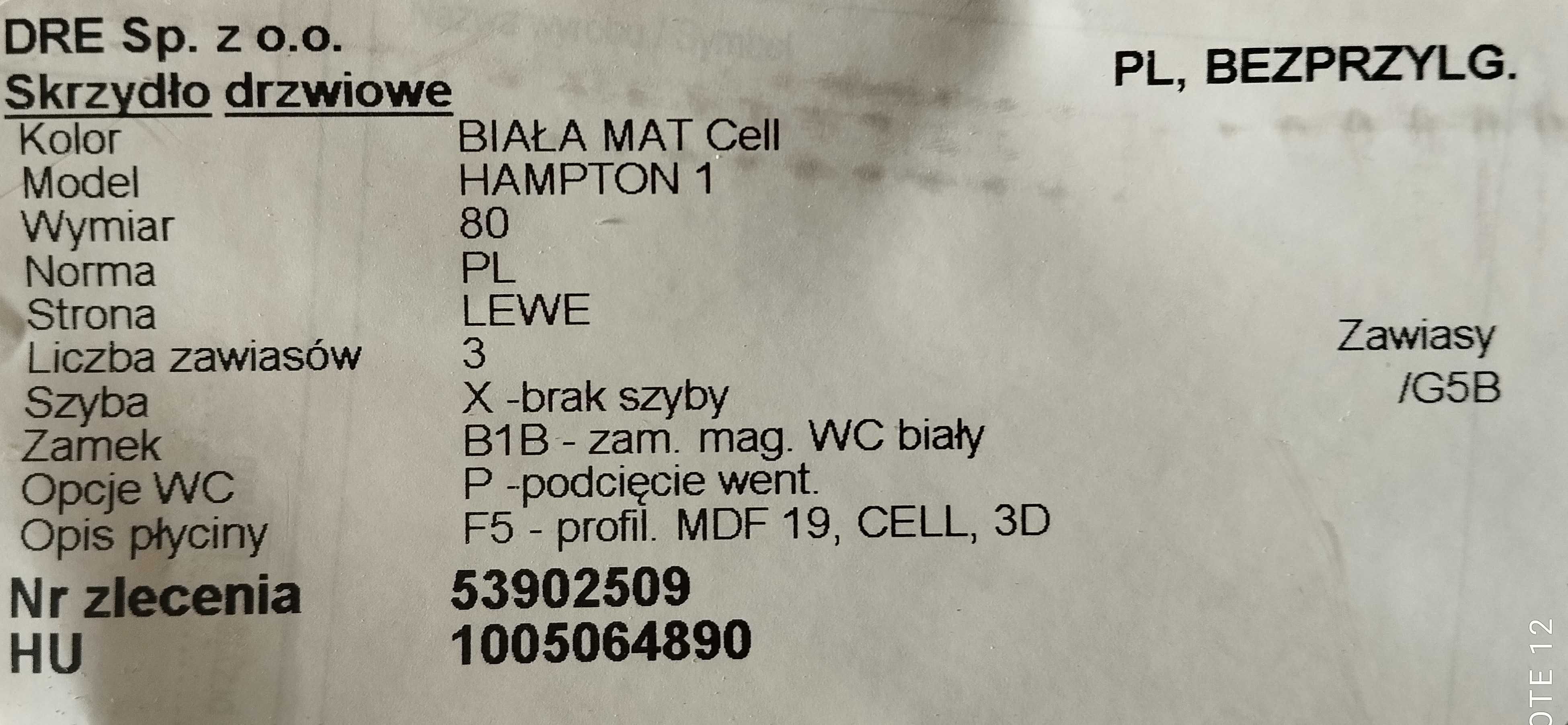 DRE Drzwi HAMPTON1 Lewe skrzydlo wewnetrzne okazja