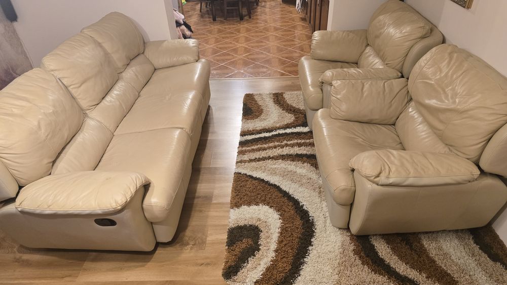 Skórzana kanapa + 2 fotele – komplet wypoczynkowy, beżowa skóra natura