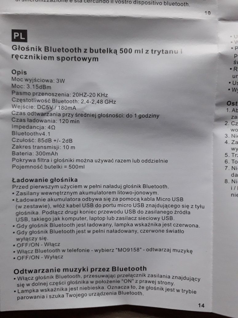 Sprzedam głośnik bluetooth w butelce-fitnes.